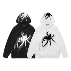 Loose Spider Print Embroidered Hoodie
